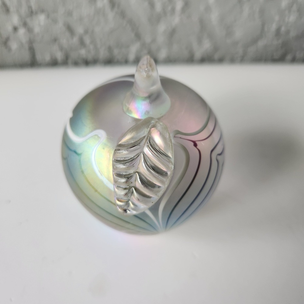 Iridescent Art Glass Apple Paperweight Pulled Feather Frosted Carnival Glass